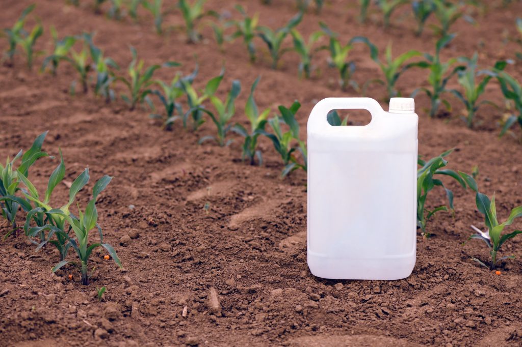 Corn pesticide canister in field, mock up image